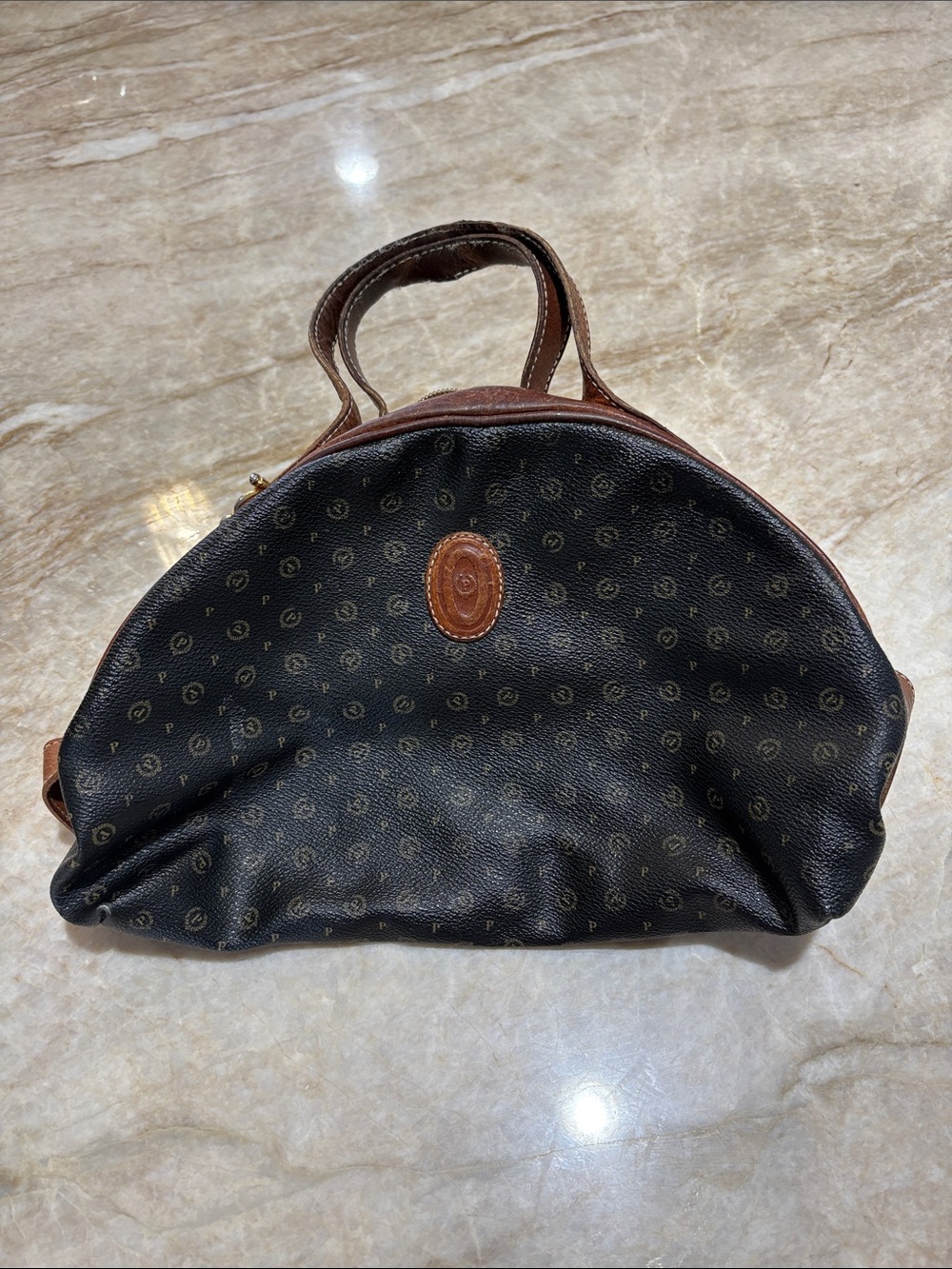 Pollini Brown Leather Monogram Handbag